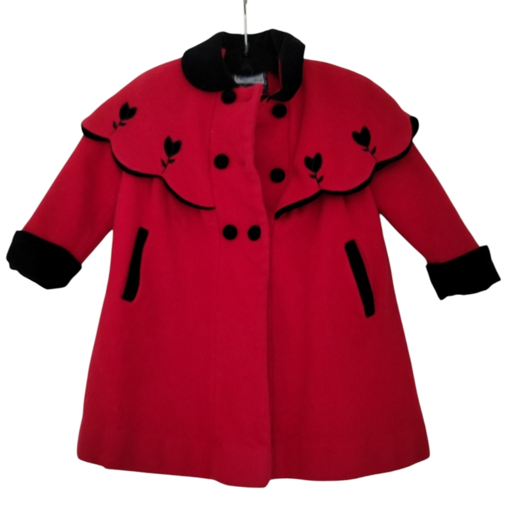 Vintage Rothschild Red Wool Embroidered Coat Girls Size 3T Double Breasted Black